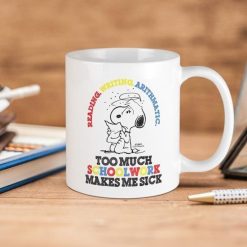 Peanuts Snoopy Reading Writing Arithmetic Too Much Schoolwork Makes Me Sick Premium Sublime Ceramic Coffee Mug White