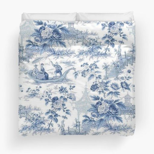 Powder Blue Chinoiserie Toile Duvet Cover Bedding Set Quilt Cover Flatsheet 2 Pillow Cases