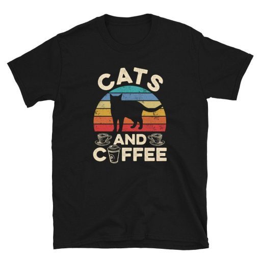 Retro Sunset Cats and Coffee Caffeine Lover Unisex T-Shirt