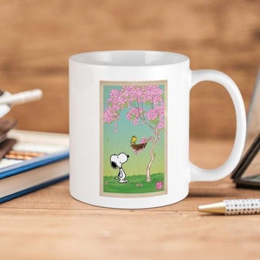 Snoopy Woodstock In The Cherry Blossoms Peanut Premium Sublime Ceramic Coffee Mug White