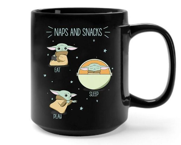Star Wars Cute Child The Mandalorian Naps And Snacks Eat Sleep Play Premium Sublime Ceramic Coffee Mug Black