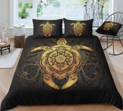 Turtle Sea, Set, Cute Turtle Bedding, Ethnic Mandalas Bed Decor, Black Duvet Cover, Gift for Her