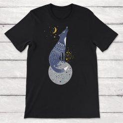 Whimsical Wolf Sitting on the Moon Howling Cartoon Wolf Unisex T-Shirt