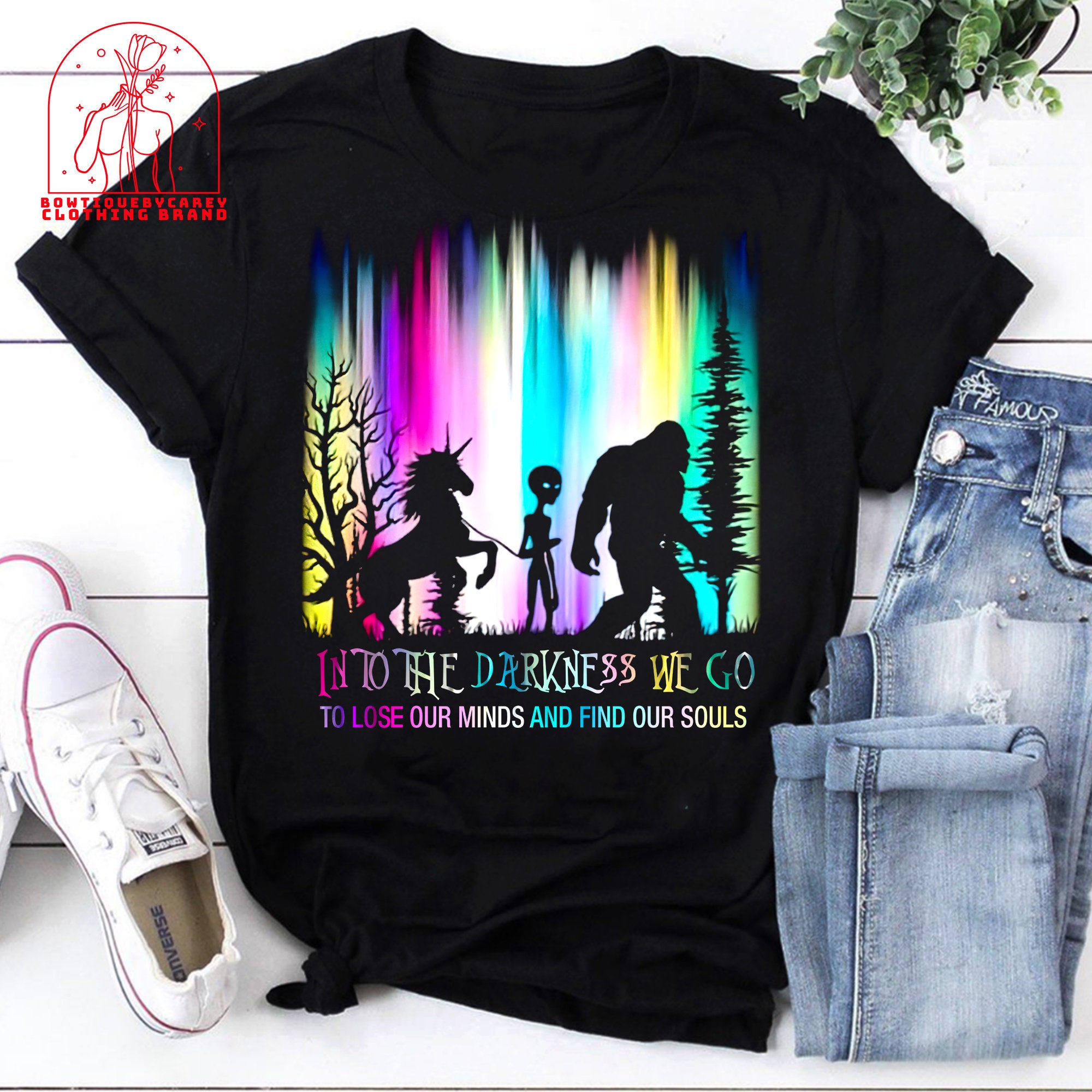Bigfoot Alien Unicorn Into The Darkness We Go To Lose Our Minds Unisex T-Shirt