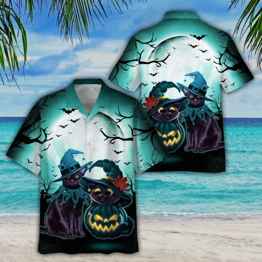 Black Cat 3d All Over Print Button Design For Halloween Hawaii Shirt