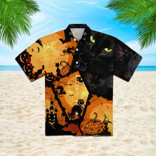 Black Cat 3d All Over Print Button Design For Halloween Hawaii Shirt