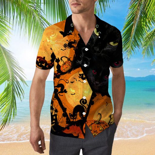 Black Cat 3d All Over Print Button Design For Halloween Hawaii Shirt