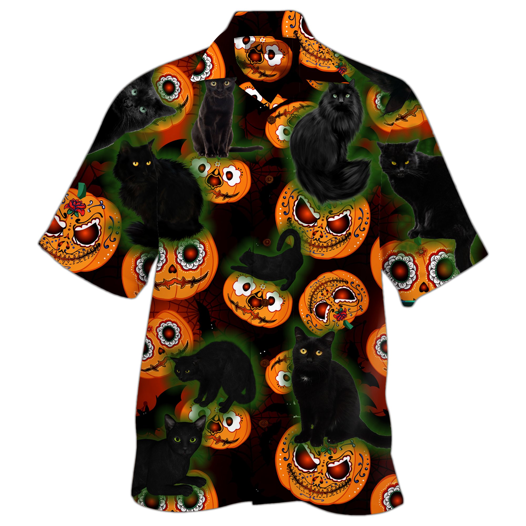 Black Cat 3d All Over Print Summer Button Design For Halloween Hawaii Shirt