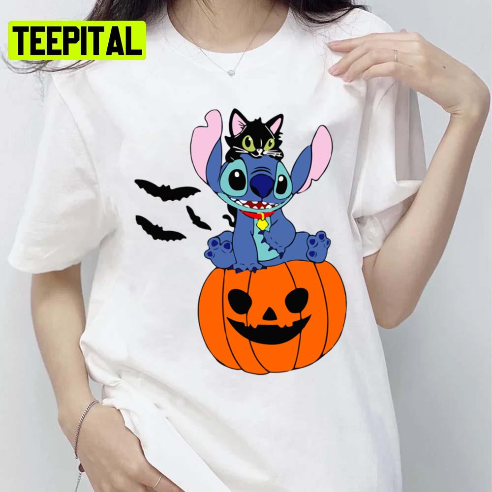 Black Cat And Pumpkin Halloween Stitch Unisex T-Shirt
