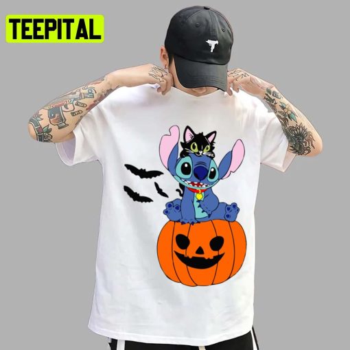 Black Cat And Pumpkin Halloween Stitch Unisex T-Shirt