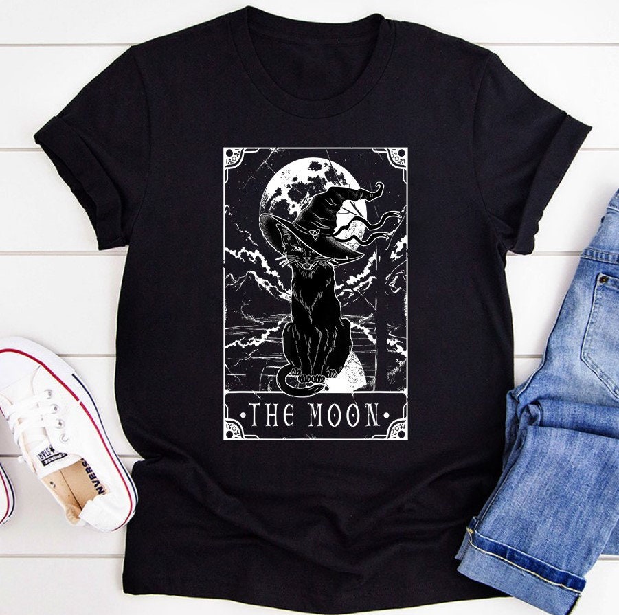 Black Cat Witch Tarot Card The Moon Halloween Unisex T-Shirt