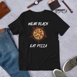 Black Eat Pizza Pentagram Triangle – Funny Occult Eyes Short-Sleeve Unisex T-Shirt