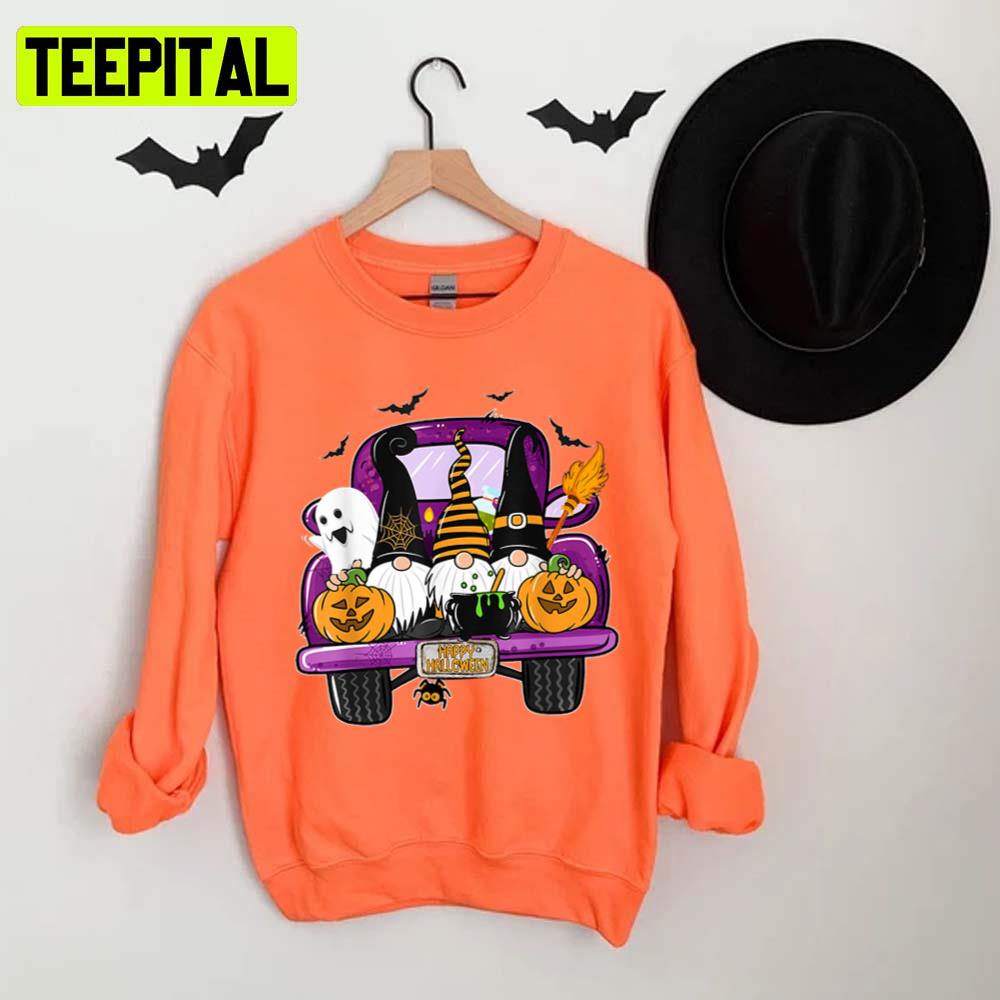 Boo Pumpkin Witch Gnomes In Halloween Truck Funny Holiday Unisex T-Shirt
