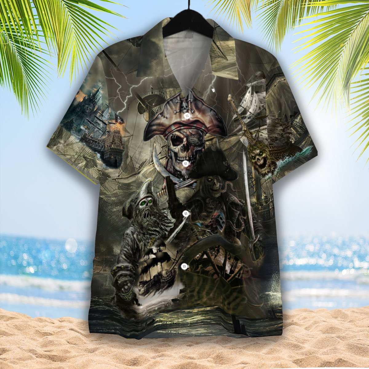 Caribbean Skull Pirate Ghost Ship 3d All Over Print Button Design For Halloween Hawaii Shirt