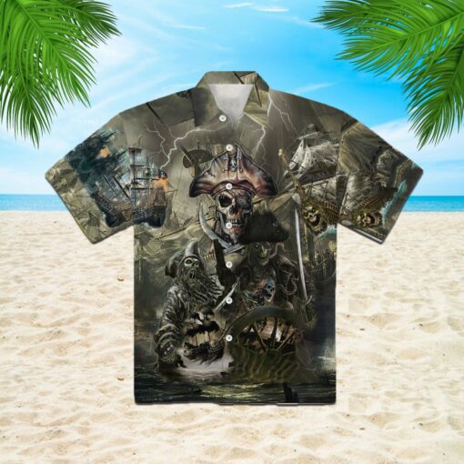 Caribbean Skull Pirate Ghost Ship 3d All Over Print Button Design For Halloween Hawaii Shirt