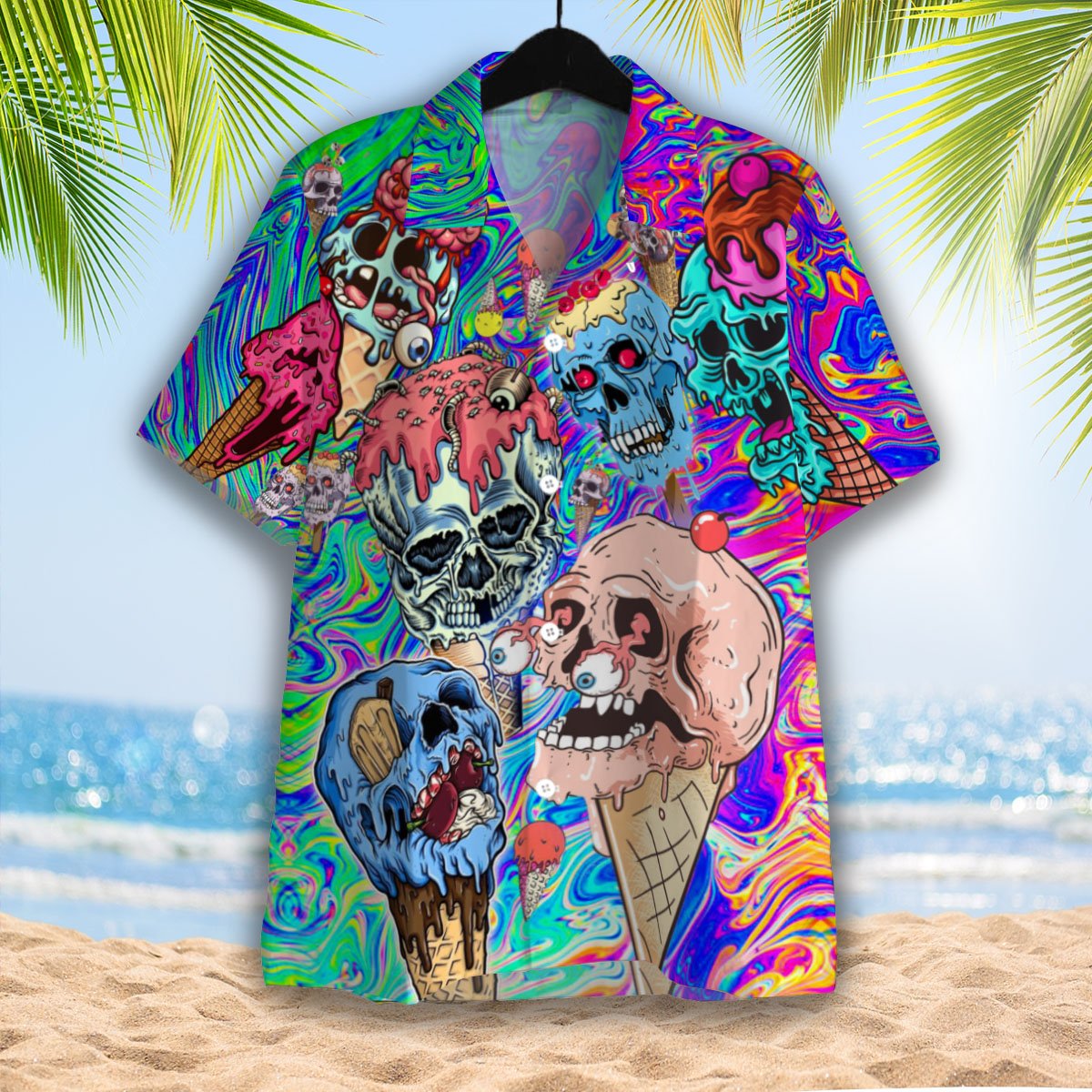 Clown Skull Ice Cream 3d All Over Print Button Design For Halloween Hawaii Shirt