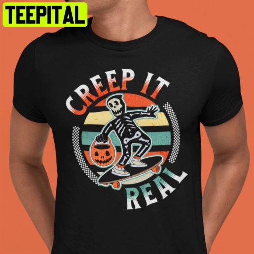 Creep It Real Vintage Spooky Skeleton Skating Unisex T-Shirt