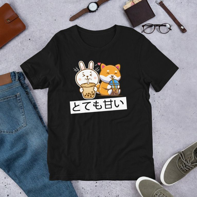 Cute Anime Kawaii Bunny And Fox Drinking Bubble Tea Lover Short-Sleeve Unisex T-Shirt