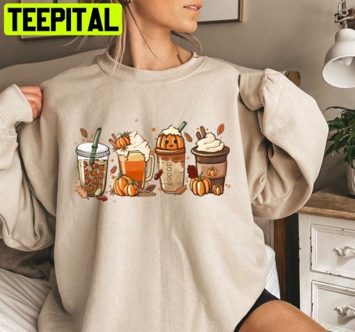 Cute Fall Coffee Lover Halloween Pumpkin Latte Drink Cup Trending Unisex Sweatshirt