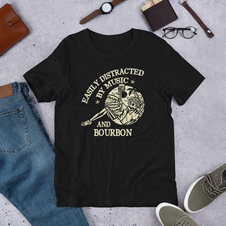 Easily Distracted By Music And Bourbon Skeleton Short-Sleeve Unisex T-Shirt