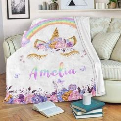 Floral And Rainbow Unicorn Amelia Custom Text Name Best Seller Fleece Blanket Throw Blanket Gift