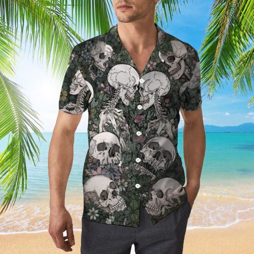 Flowers Flora Skeleton Skull 3d All Over Print Button Design For Halloween Hawaii Shirt