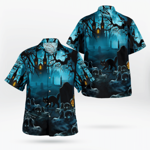 Gloomy Night Haunted Castle Black Cat Scary Spooky 3d All Over Print Button Design For Halloween Hawaii Shirt