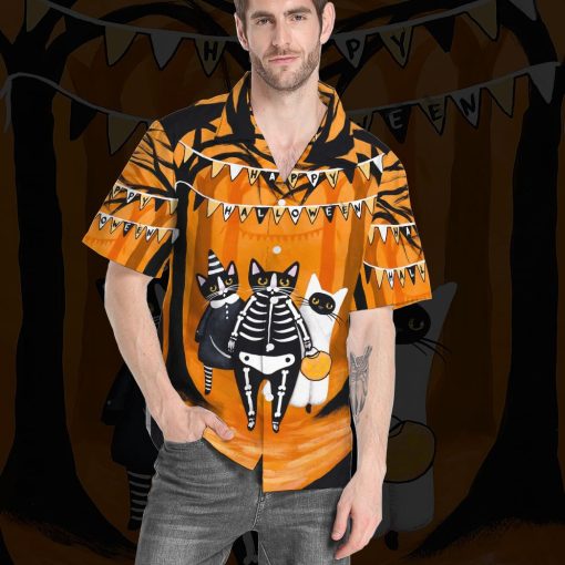 Happy Black Cats Want Candy 3d Summer Button Design For Halloween Hawaii Shirt