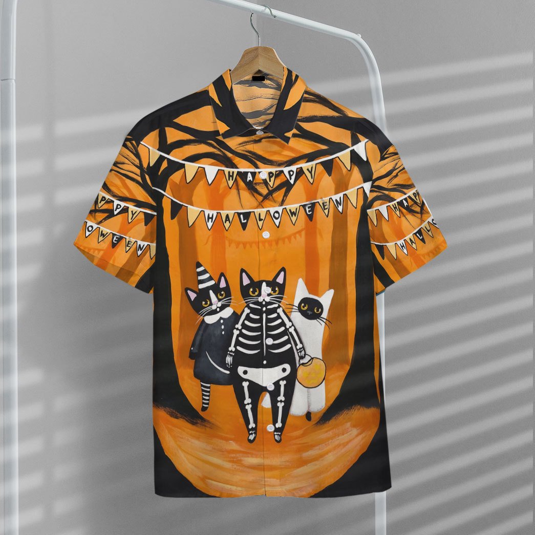 Happy Black Cats Want Candy 3d Summer Button Design For Halloween Hawaii Shirt