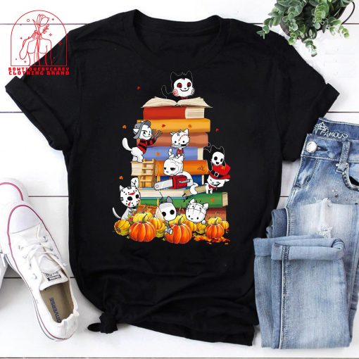 Horror Movies Cat Characters Pumpkins And Books Cat Characters Halloween Unisex T-Shirt