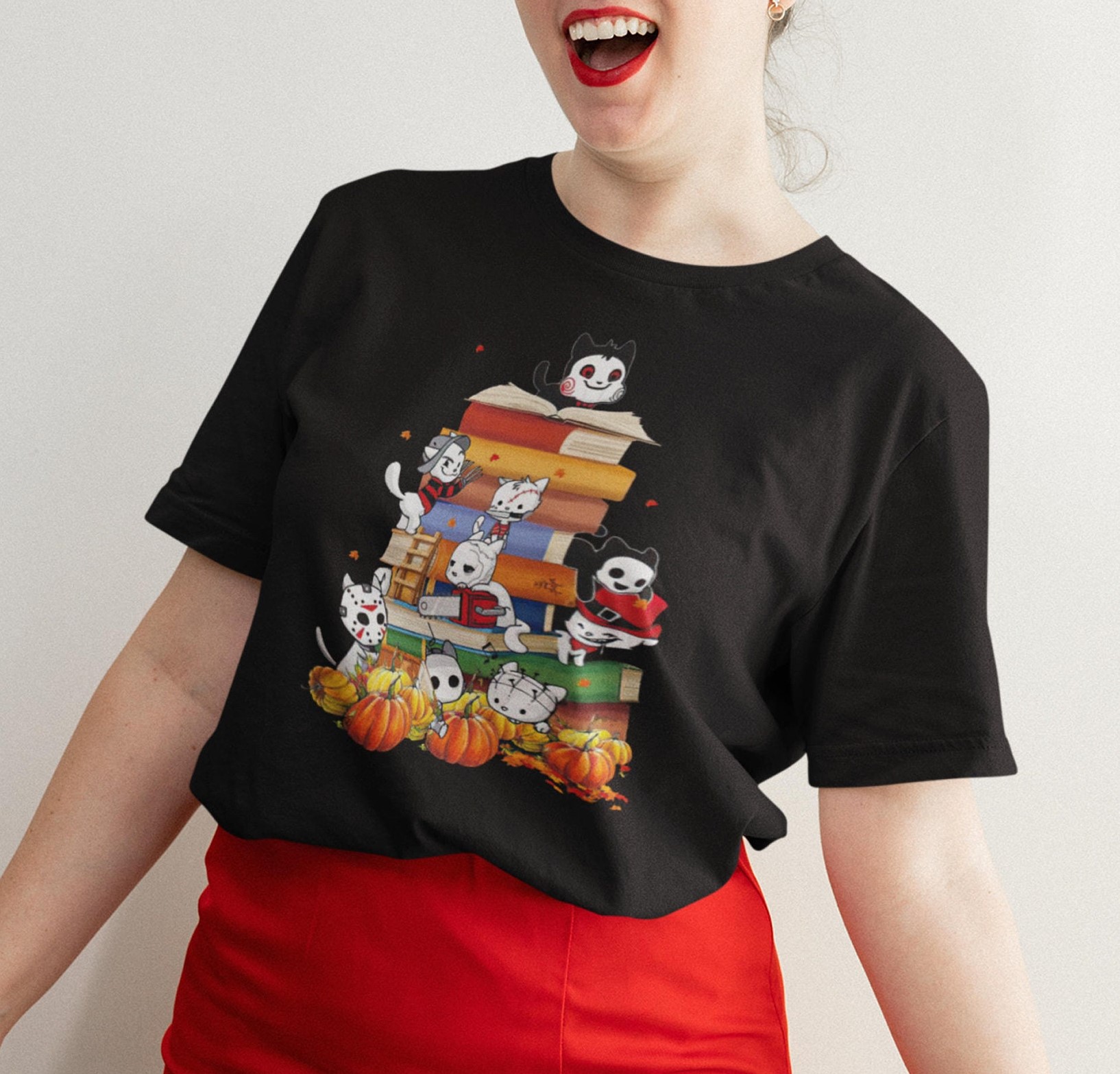 Horror Movies Cat Characters Pumpkins And Books Cat Characters Halloween Unisex T-Shirt