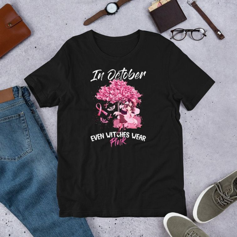 In October Even Witches Wear Pink – Breast Cancer Awareness Short-Sleeve Unisex T-Shirt