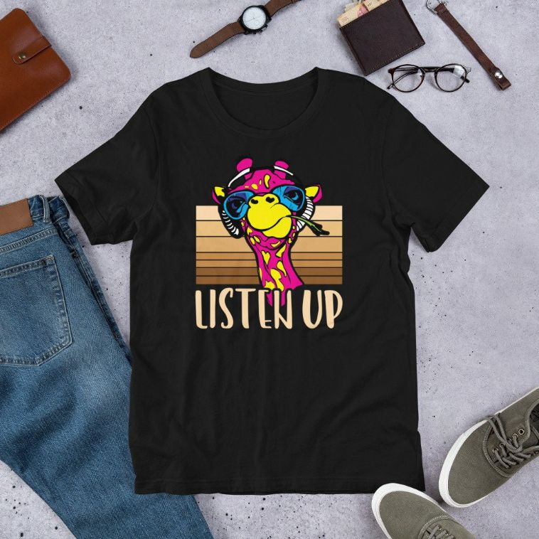 Listen Up Giraffe Music Lover Vintage Short-Sleeve Unisex T-Shirt