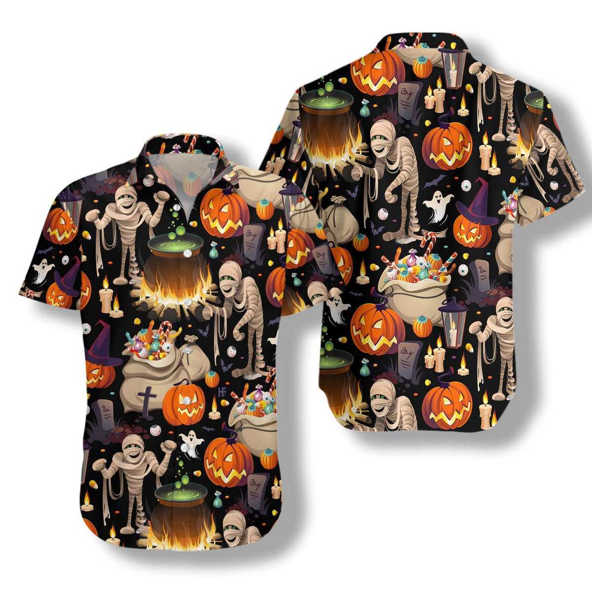 Mummy And Bags Of Sweets 3d All Over Print Summer Button Design For Halloween Hawaii Shirt