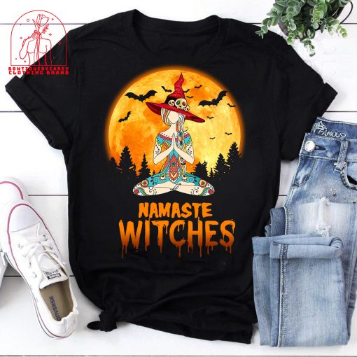 Namaste Witches Yoga Girl Full Moon Witch Yoga Meditation Halloween Unisex T-Shirt