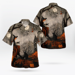 Night Black Cats And Little Witch Pumpkin 3d All Over Print Button Design For Halloween Hawaii Shirt