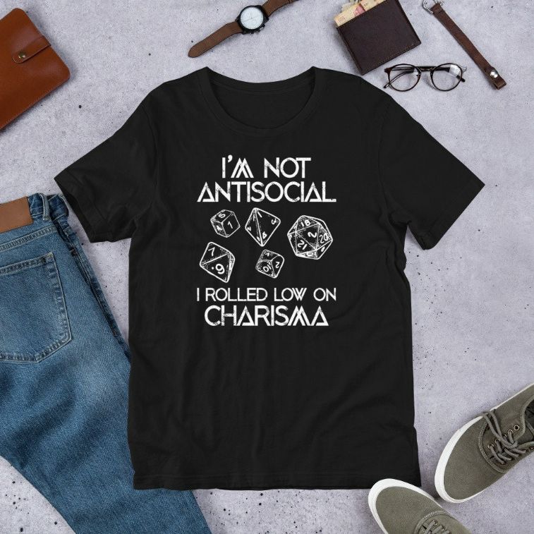 Not Antisocial, Rolled Low Charisma Funny Dice RPG Dragon Short-Sleeve Unisex T-Shirt