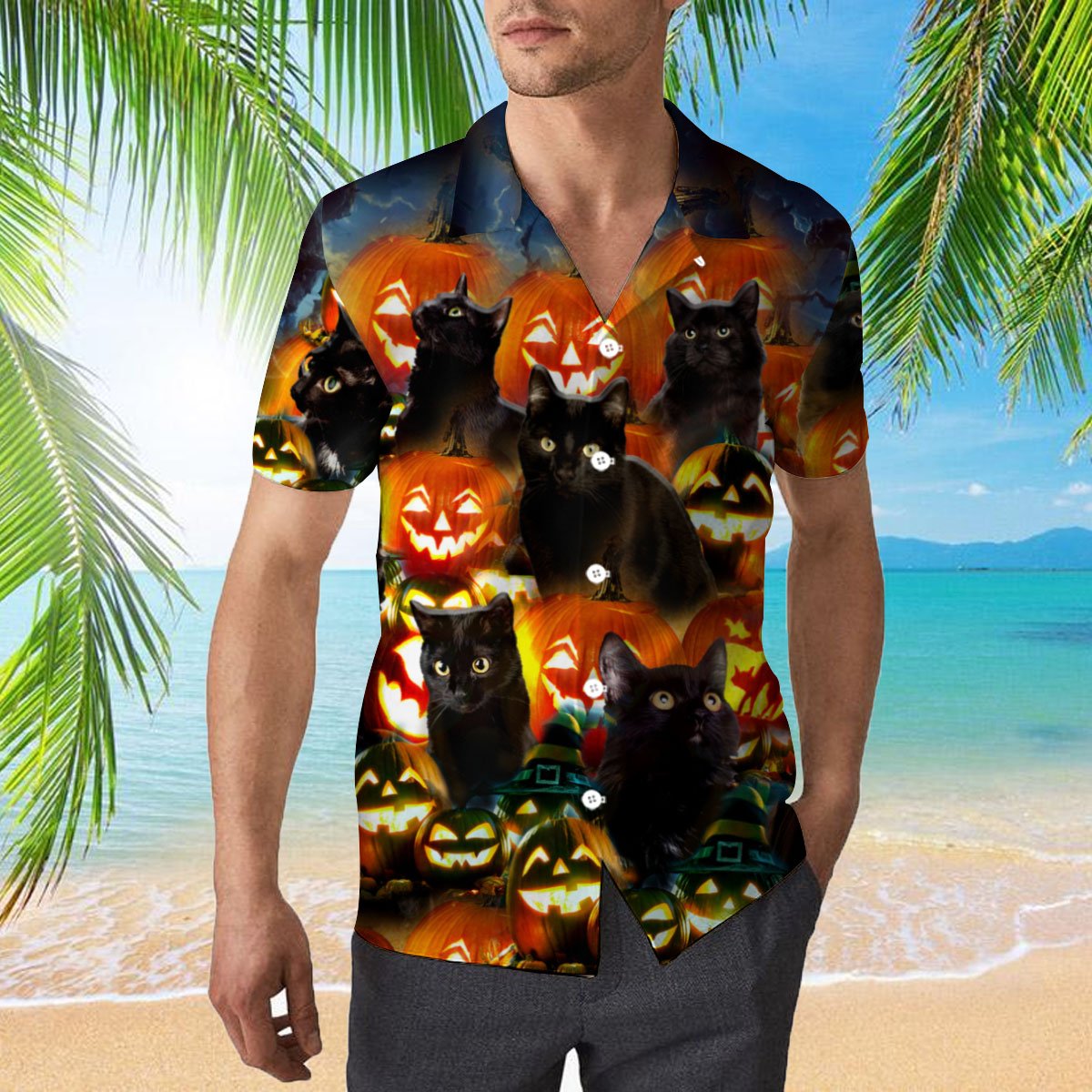 Pumkin Black Cats 3d All Over Print Button Design For Halloween Hawaii Shirt