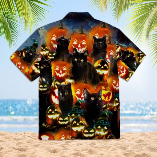 Pumkin Black Cats 3d All Over Print Button Design For Halloween Hawaii Shirt