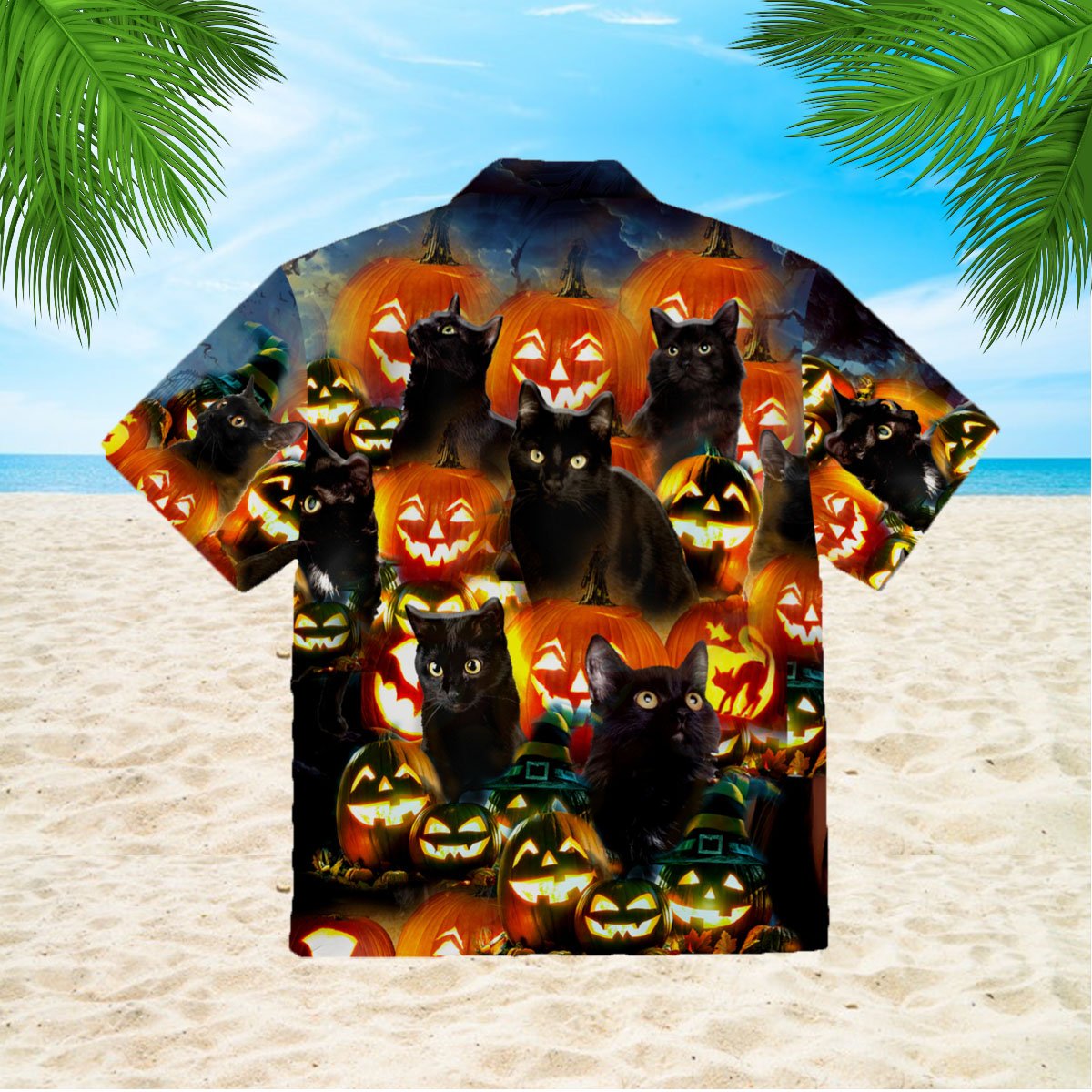 Pumkin Black Cats 3d All Over Print Button Design For Halloween Hawaii Shirt