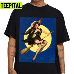 Riding High Halloween Witch Pinup Girl Colored Design Unsex T-Shirt