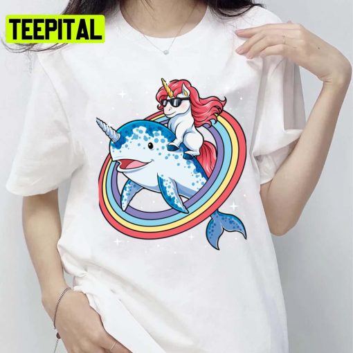 Riding Narwhal Squad Rainbow Party Unicorn Illustration Unisex T-Shirt