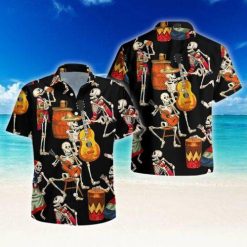 Skeleton Guitar 3d All Over Print Button Design For Halloween Hawaii Shirt