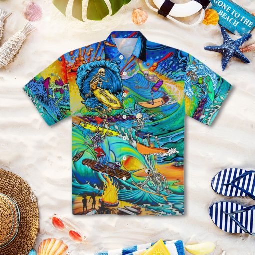 Skull Skeleton Surfing On The Beach 3d All Over Print Button Design For Halloween Hawaii Shirt