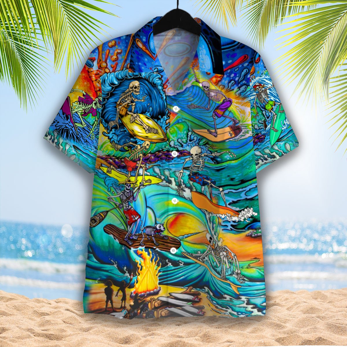 Skull Skeleton Surfing On The Beach 3d All Over Print Button Design For Halloween Hawaii Shirt