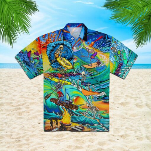 Skull Skeleton Surfing On The Beach 3d All Over Print Button Design For Halloween Hawaii Shirt