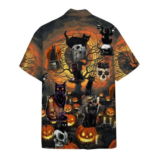 Skull With Black Cat 3d Summer Button Design For Halloween Hawaii Shirt