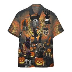 Skull With Black Cat 3d Summer Button Design For Halloween Hawaii Shirt