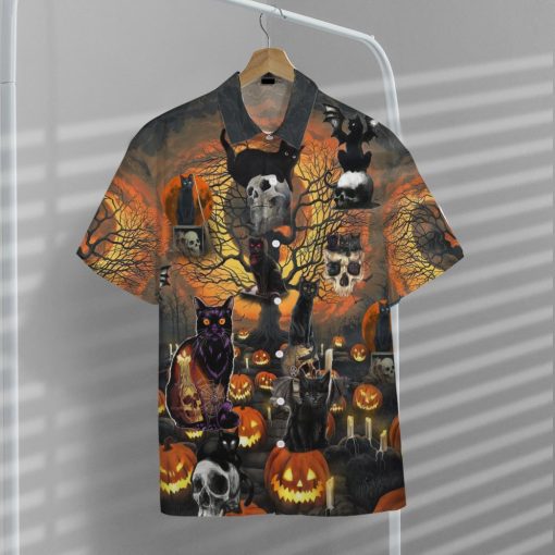 Skull With Black Cat 3d Summer Button Design For Halloween Hawaii Shirt