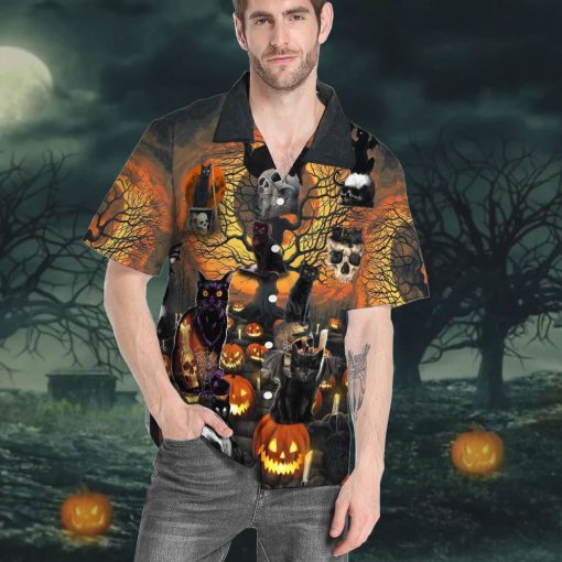 Skull With Black Cat 3d Summer Button Design For Halloween Hawaii Shirt